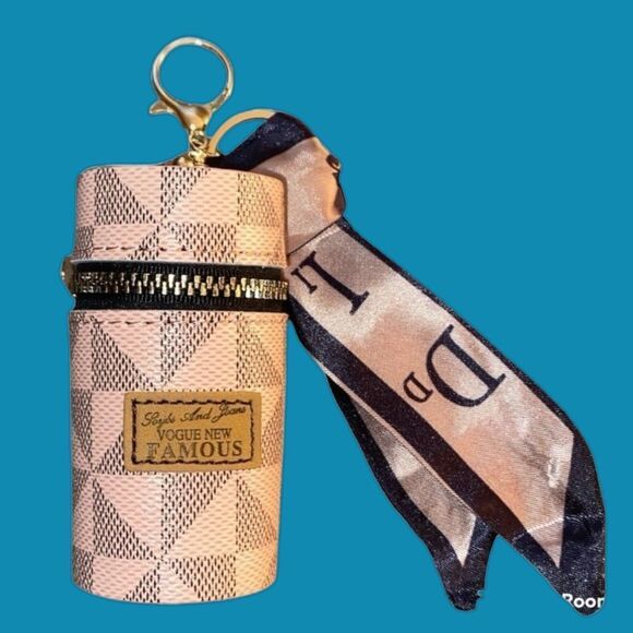 LUXE VIBES LIPSTICK CASE KEYCHAIN BAG CHARM PU LEATHER PINK & BLACK w TWILLY - Picture 6 of 7